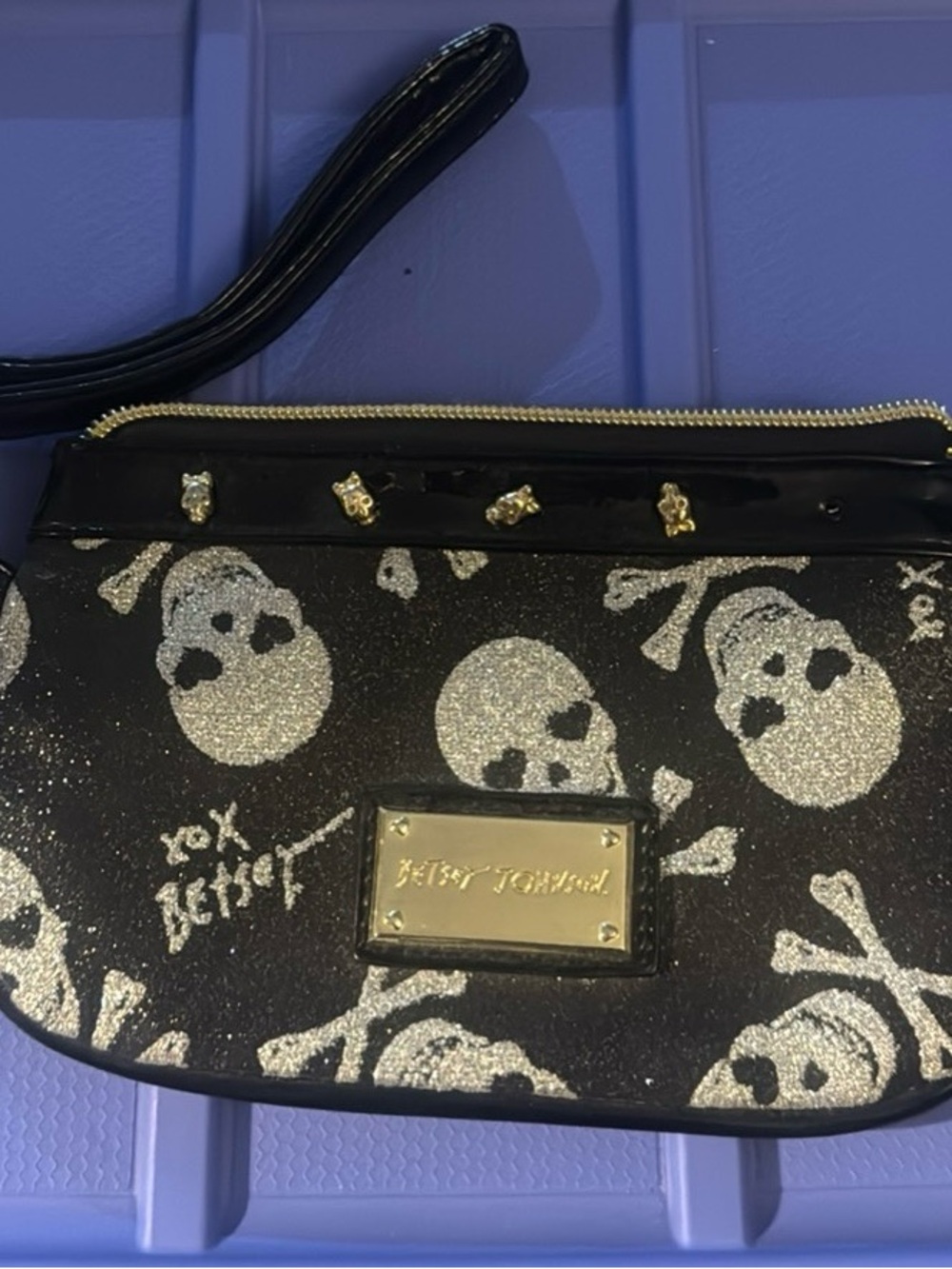 Betsey Johnson Black Wristlet with Silver Glitter Skulls